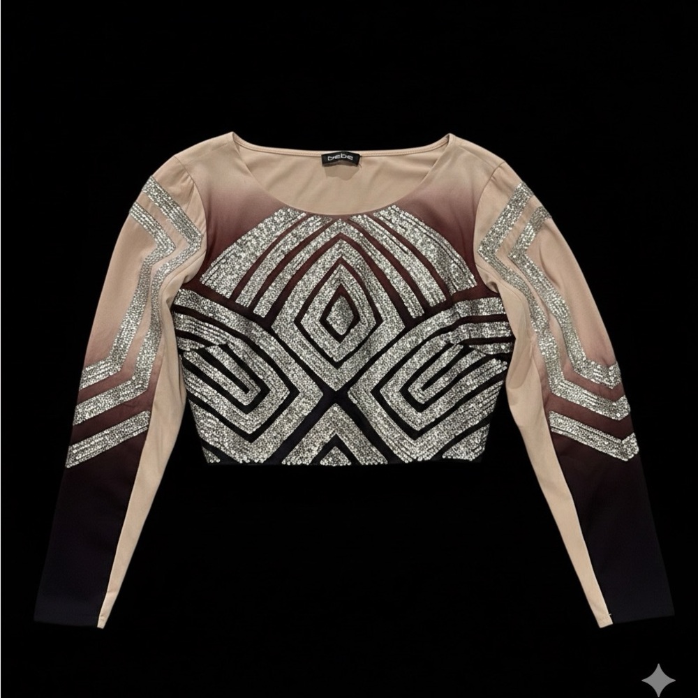 Bebe Beige and Silver Geometric Crop Top